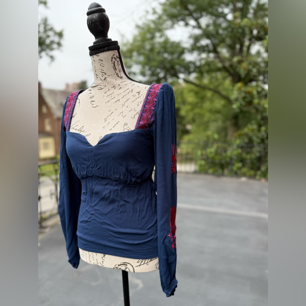 NWOT Hale Bob Women's Blue Top with Pink Embroidery
